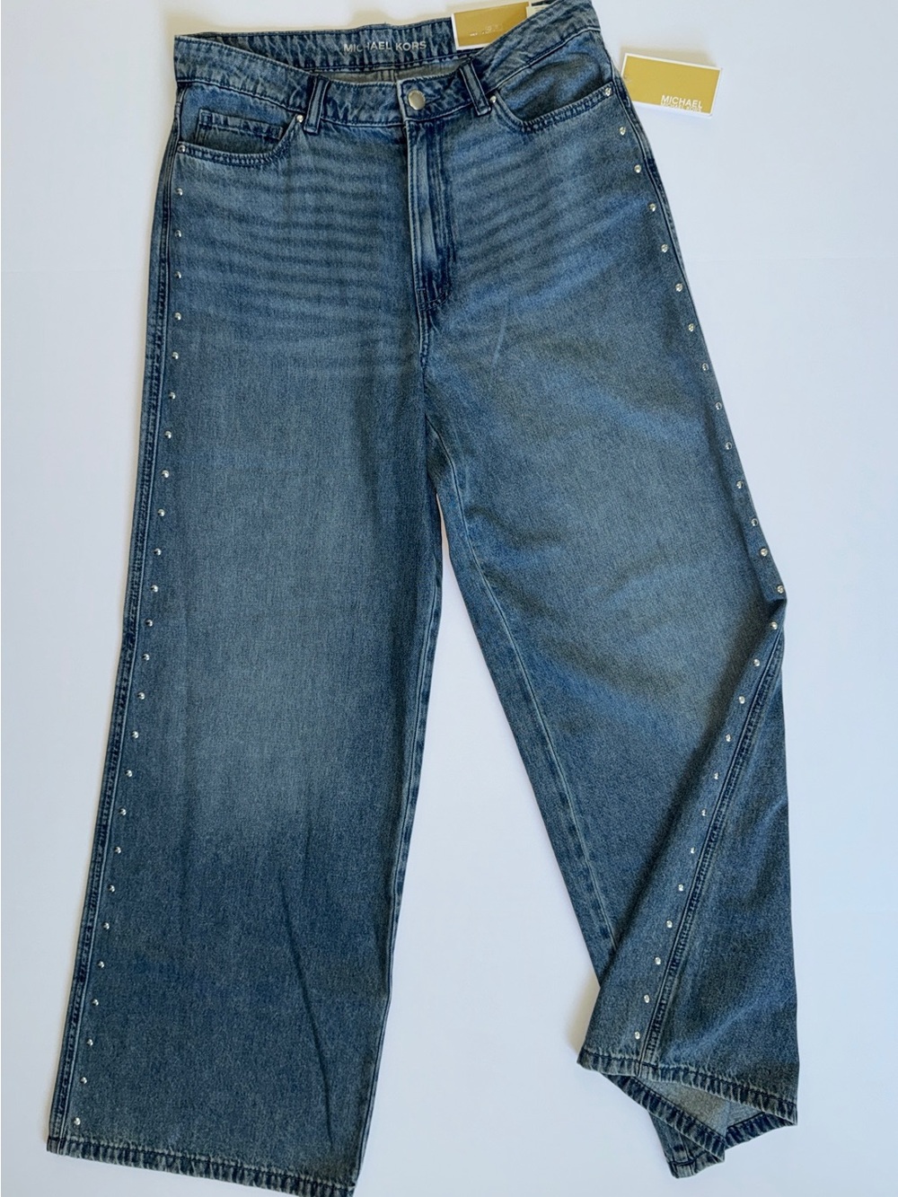 Michael Kors Women's Wide Leg Stud-Trim Blue Denim Jeans